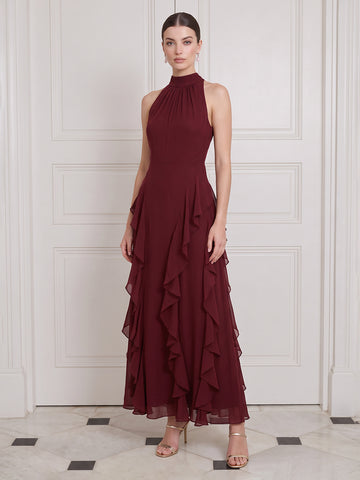 Burgundy Wedding Guest Dresses Halter High Neck Chiffon Ruffles A Line