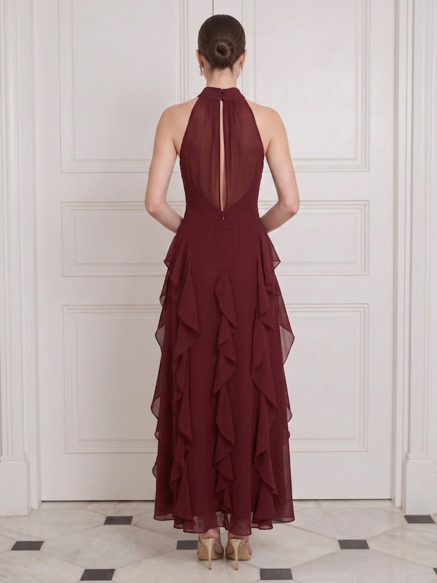 Burgundy Wedding Guest Dresses Halter High Neck Chiffon Ruffles A Line