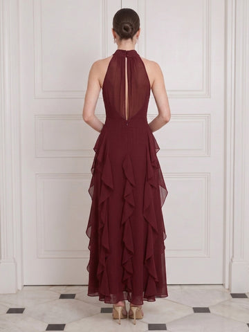 Burgundy Wedding Guest Dresses Halter High Neck Chiffon Ruffles A Line