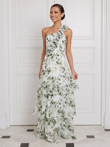 Tiered Wedding Guest Dresses Green Floral Chiffon One Shoulder A Line Ruffles