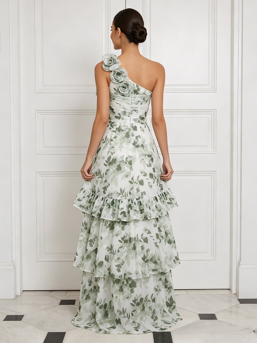 Tiered Wedding Guest Dresses Green Floral Chiffon One Shoulder A Line Ruffles