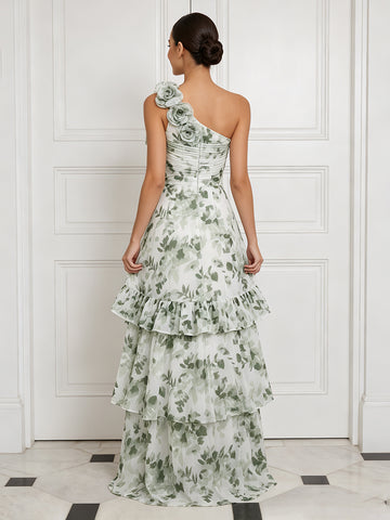Tiered Wedding Guest Dresses Green Floral Chiffon One Shoulder A Line Ruffles