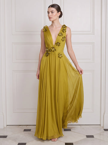 Mustard Yellow Long Wedding Guest Dresses V Neck A Line with 3D Flower