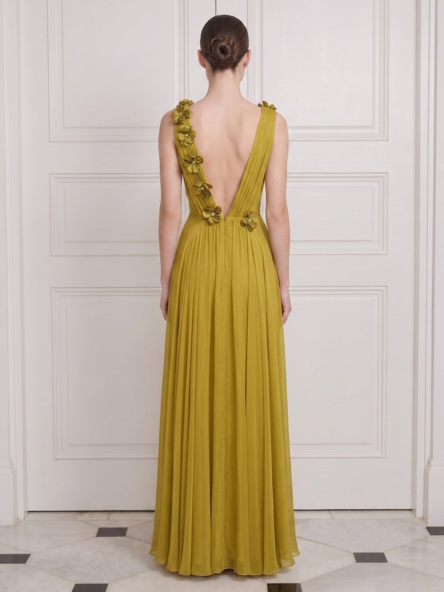 Mustard Yellow Long Wedding Guest Dresses V Neck A Line with 3D Flower