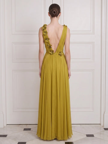 Mustard Yellow Long Wedding Guest Dresses V Neck A Line with 3D Flower
