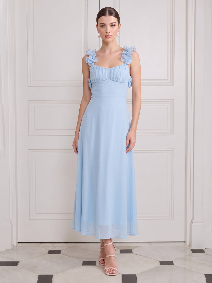 Light Blue Midi Wedding Guest Dresses Chiffon Sweetheart Neck Ruched with Flower