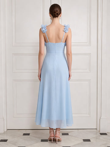 Light Blue Midi Wedding Guest Dresses Chiffon Sweetheart Neck Ruched with Flower