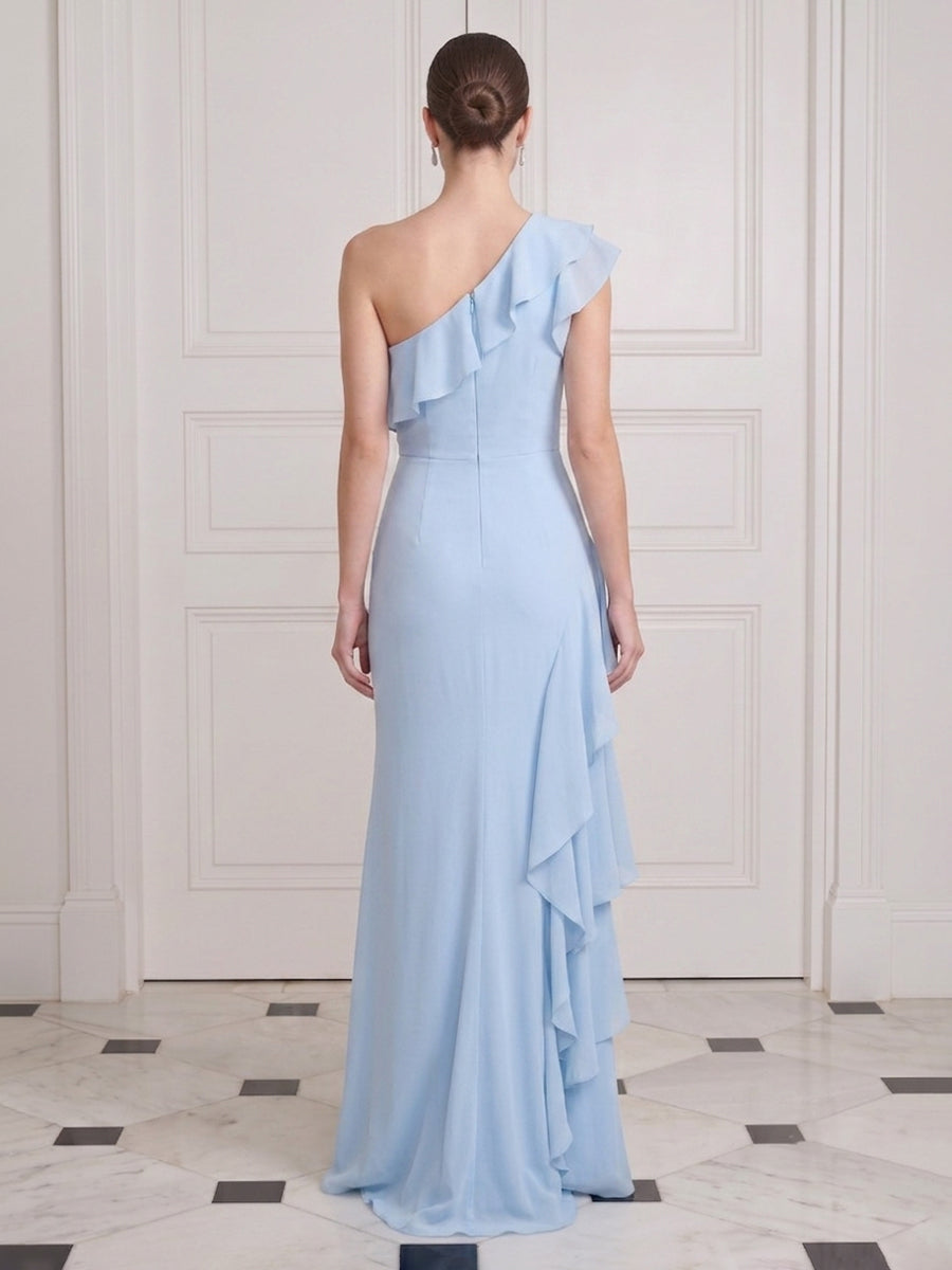 Light Blue Long Wedding Guest Dresses Chiffon One Shoulder with Ruffles