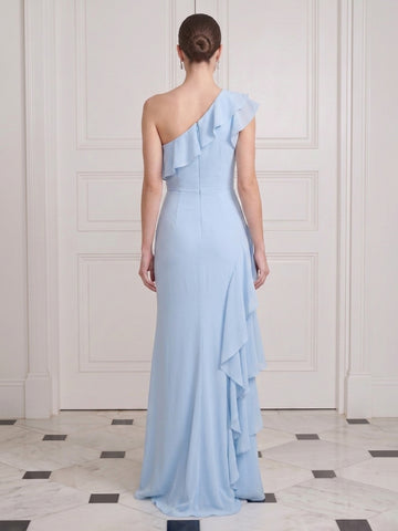 Light Blue Long Wedding Guest Dresses Chiffon One Shoulder with Ruffles