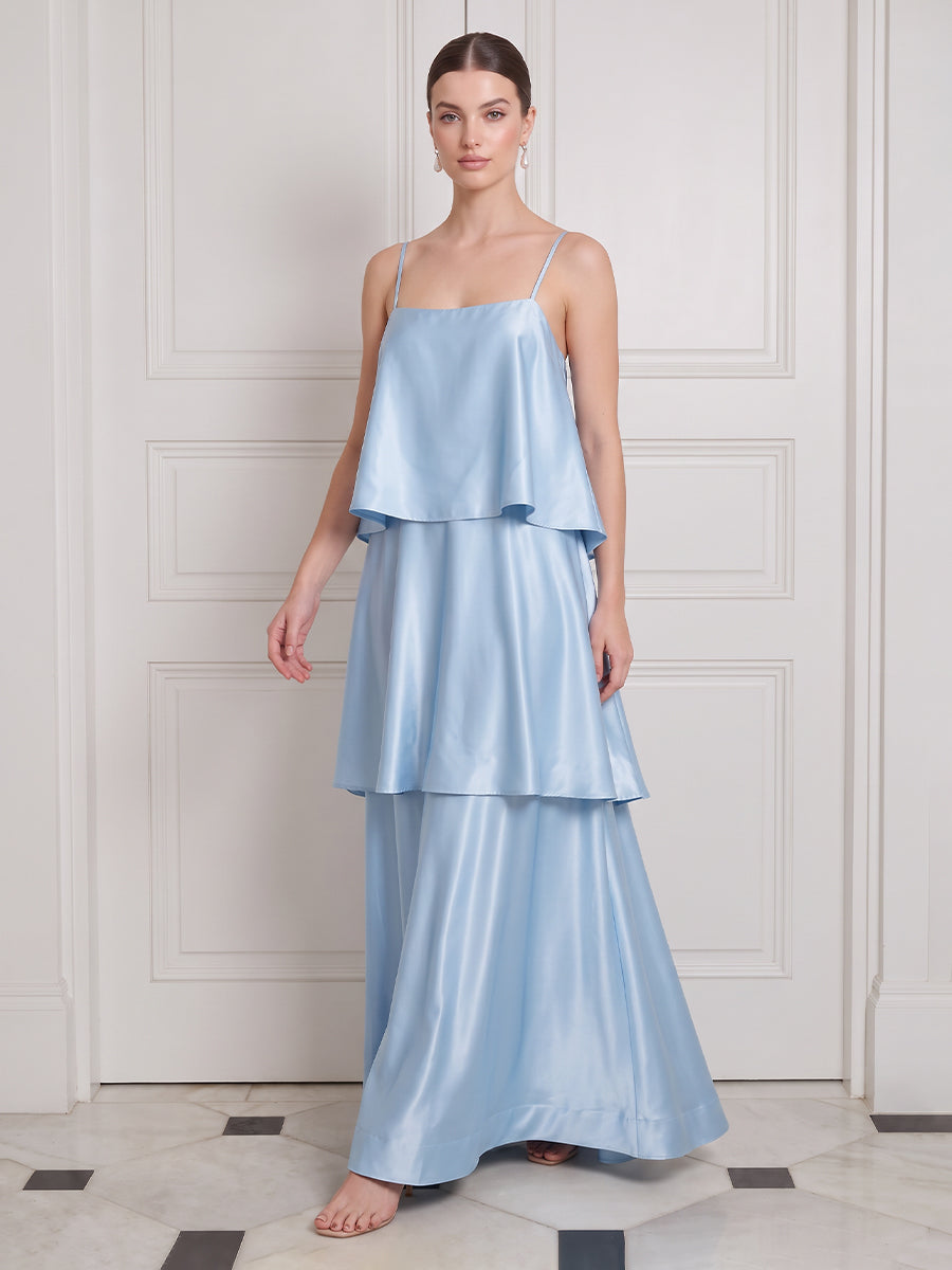 Light Blue Long Wedding Guest Dresses Tiered Ruffles Satin Spaghetti Strap