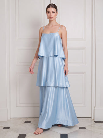 Light Blue Long Wedding Guest Dresses Tiered Ruffles Satin Spaghetti Strap
