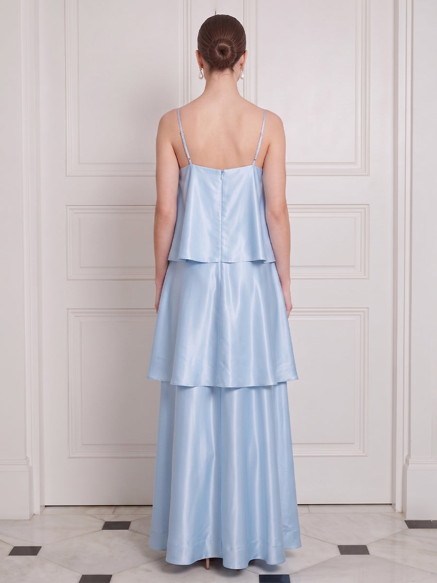 Light Blue Long Wedding Guest Dresses Tiered Ruffles Satin Spaghetti Strap