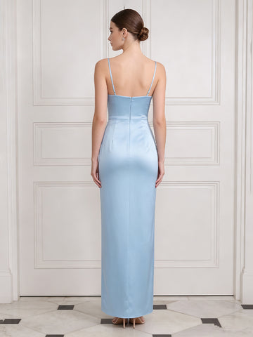 Light Blue Long Wedding Guest Dresses Mermaid Satin Spaghetti Strap