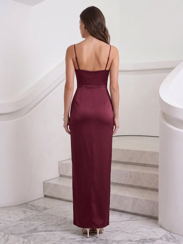 Burgundy Long Wedding Guest Dresses Mermaid Satin Spaghetti Strap Formal Desses