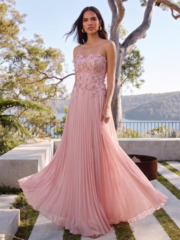 Strapless 3D Floral Lace Pleated Chiffon Wedding Guest Dresses Pink Floor Length