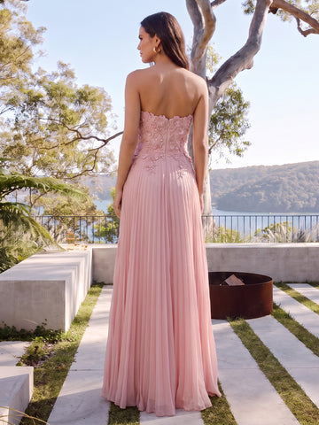 Strapless 3D Floral Lace Pleated Chiffon Wedding Guest Dresses Pink Floor Length