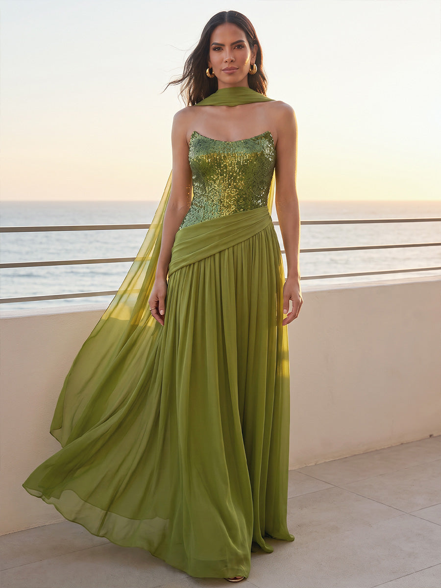 Ruched Long Wedding Guest Dresses Mermaid Sequin Strapless Olive Green