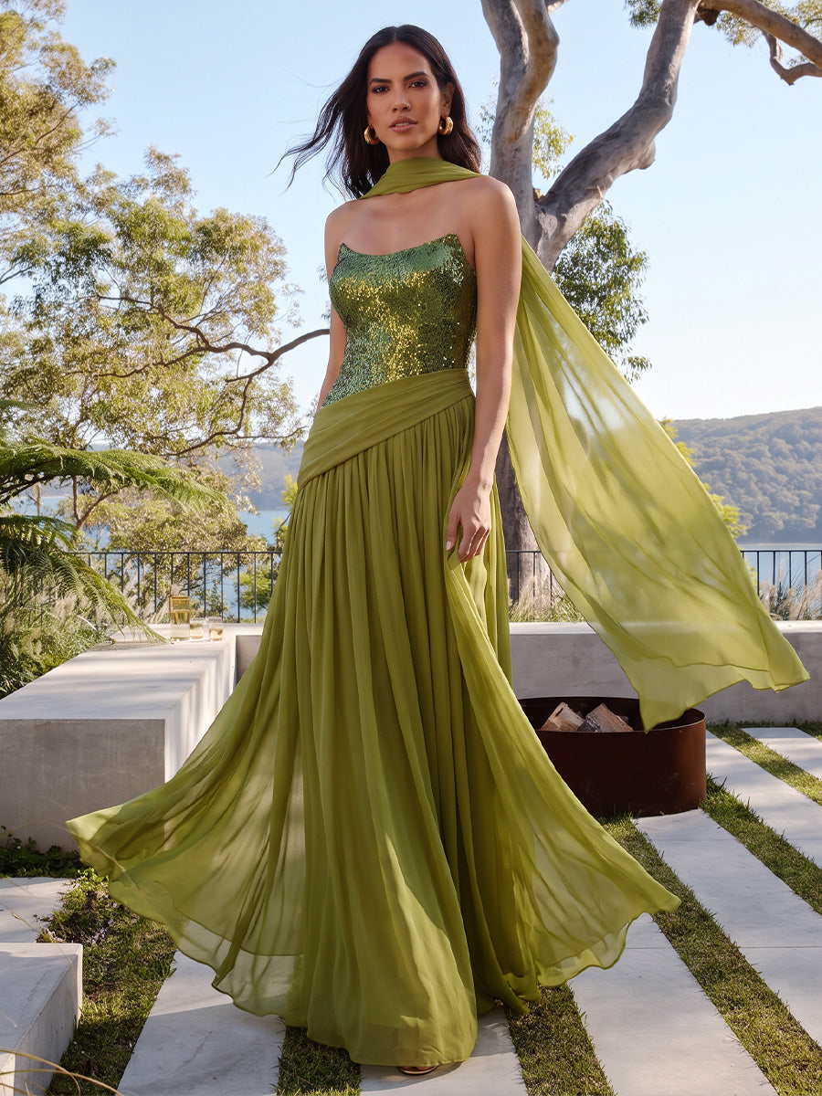 Ruched Long Wedding Guest Dresses Mermaid Sequin Strapless Olive Green