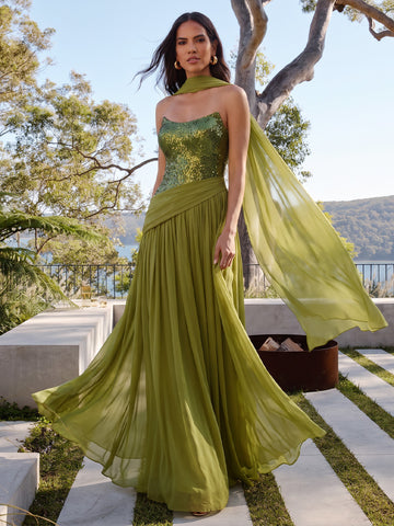 Ruched Long Wedding Guest Dresses Mermaid Sequin Strapless Olive Green
