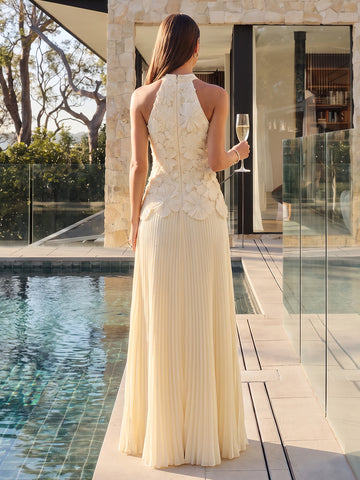 3D Floral Lace Pleated Chiffon Wedding Guest Dresses Yellow Floor Length Halter