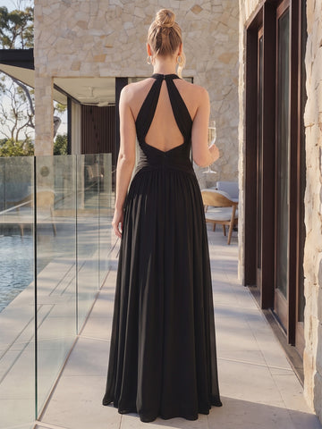 V Neck Chiffon Wedding Guest Dresses Black Ruched Floor Length