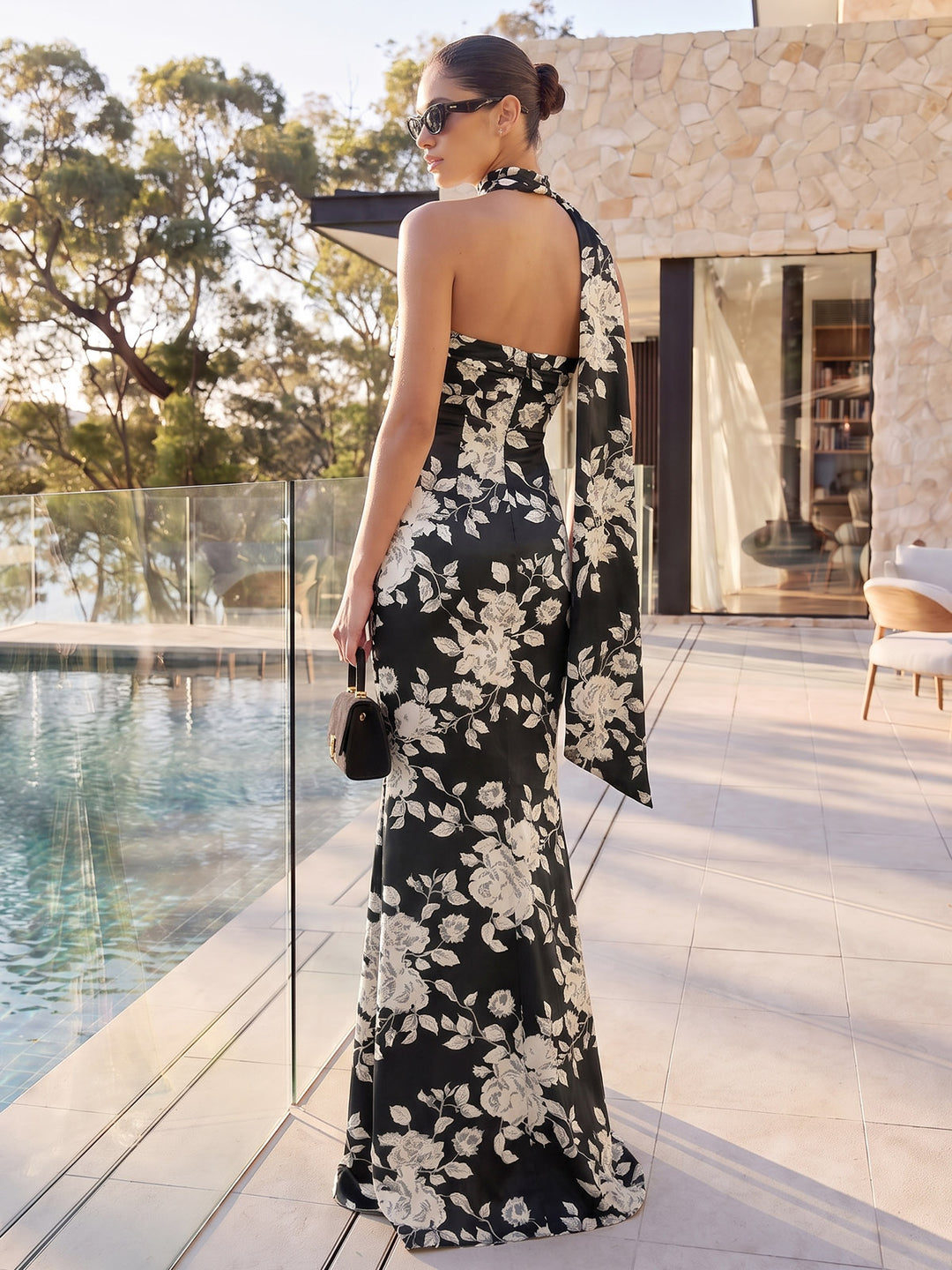 Floor Length Floral Print Wedding Guest Dresses with Scarf Black Strapless Mermaid