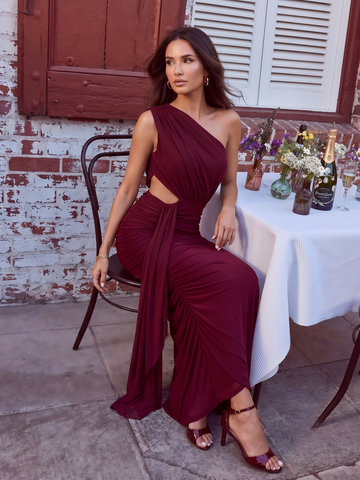 One Shoulder Wedding Guest Dresses Chiffon Ruched Cutout Formal Evening Gown Brown