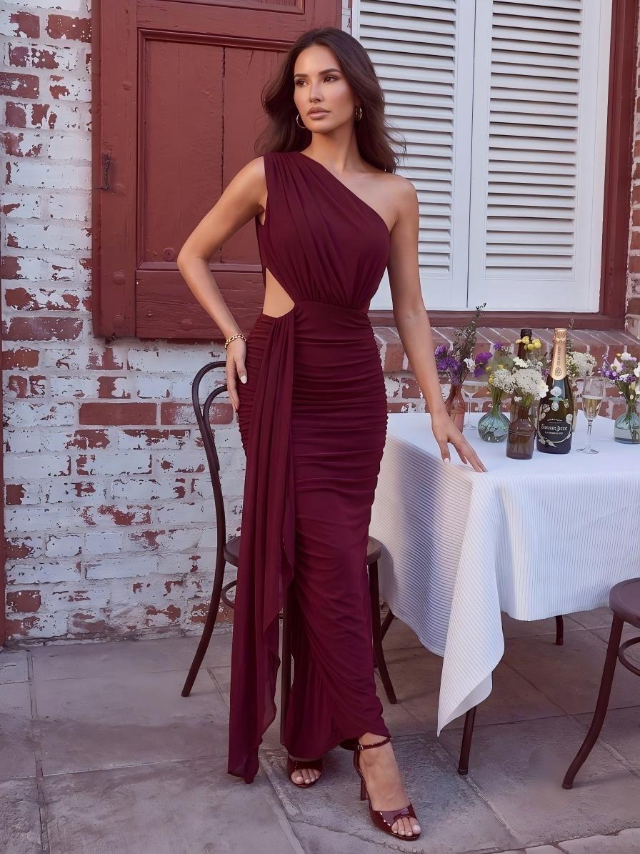One Shoulder Wedding Guest Dresses Chiffon Ruched Cutout Formal Evening Gown Brown