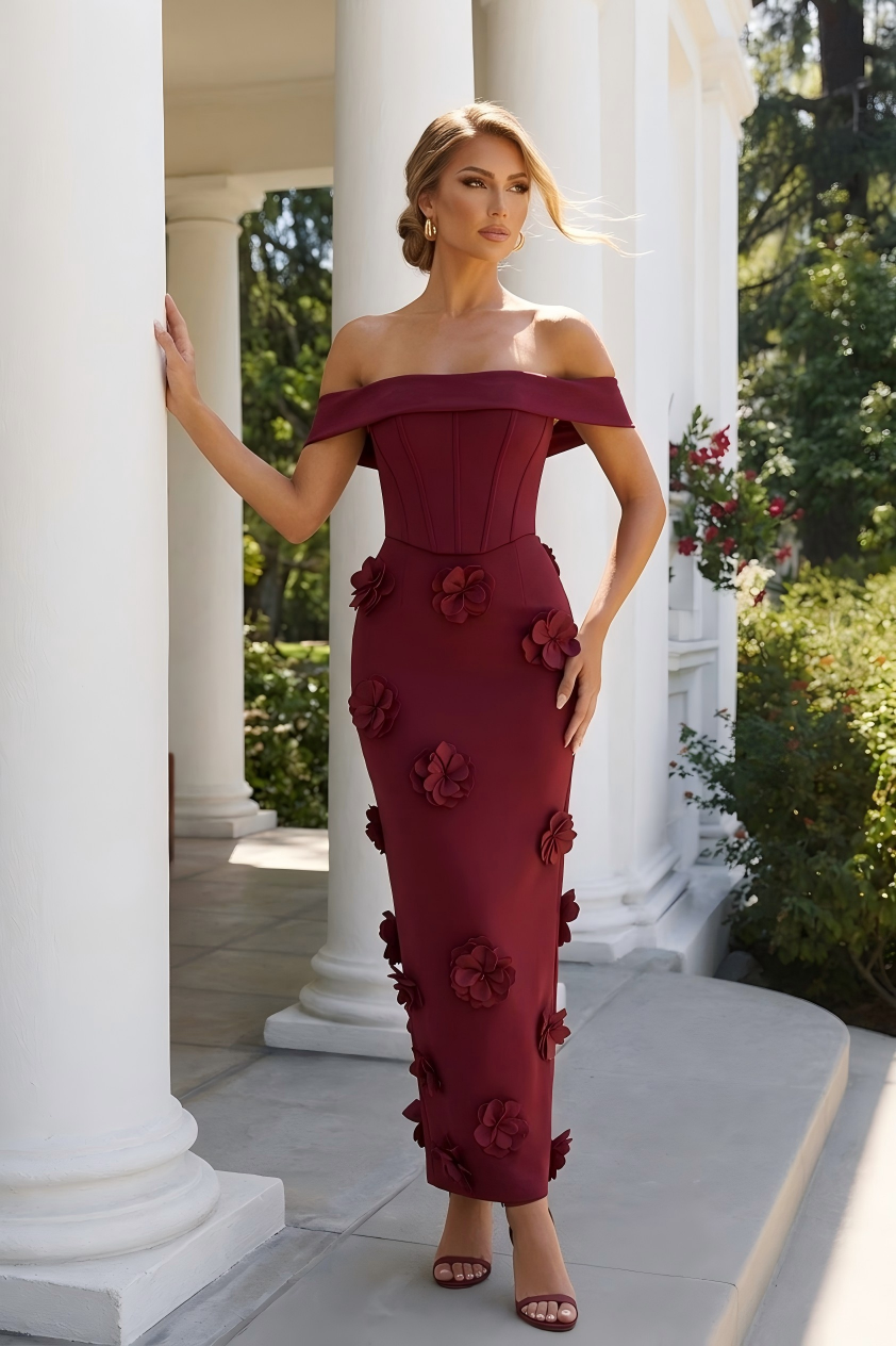 Off Shoulder Wedding Guest Dresses Satin 3D Floral Formal Evening Gowns Burgundy