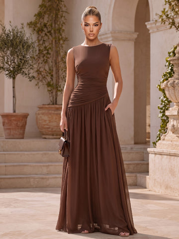 Brown Wedding Guest Dresses Mesh Ruched Round Neck A Line Sleeveless Formal Dress