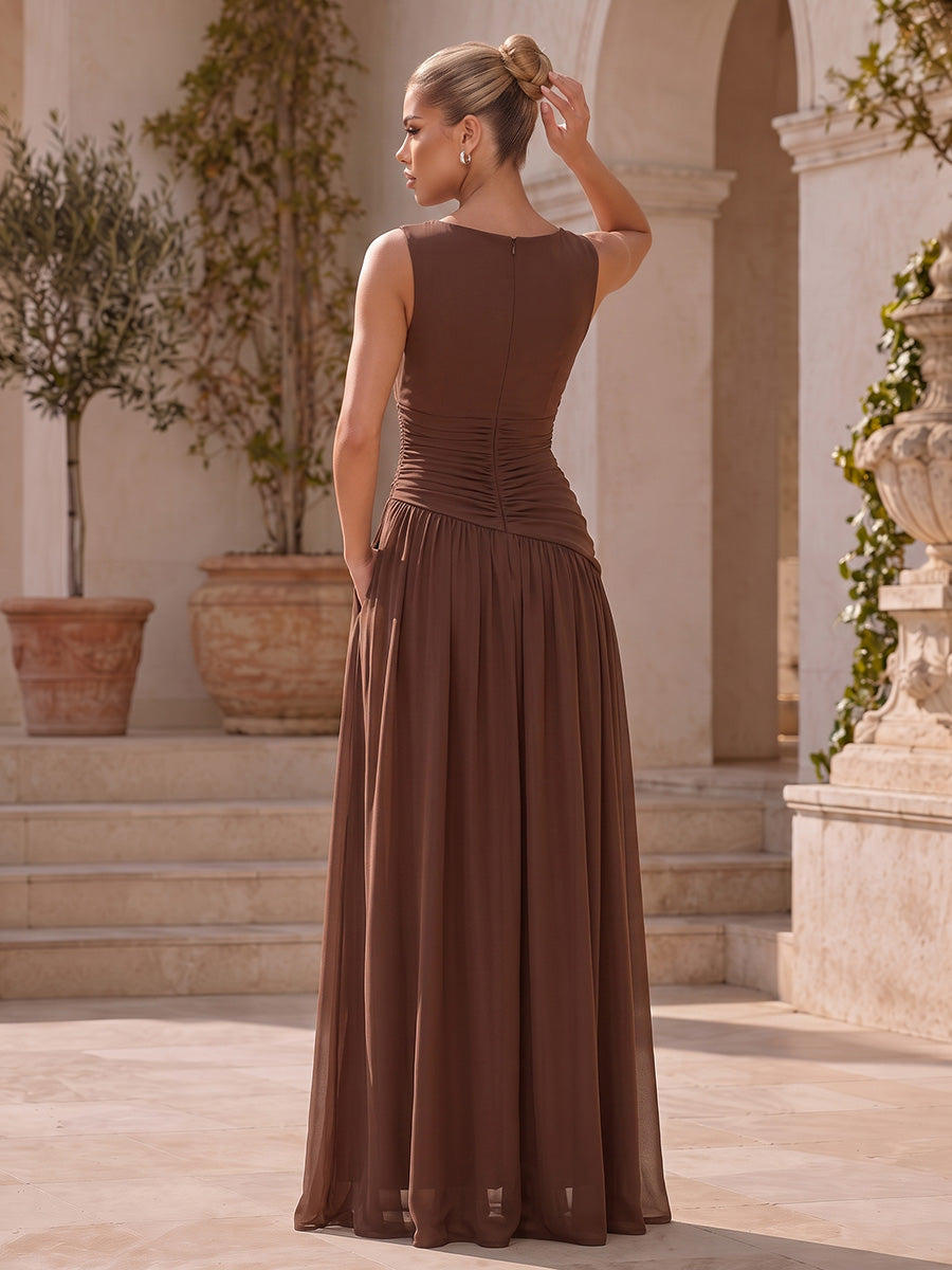 Brown Wedding Guest Dresses Mesh Ruched Round Neck A Line Sleeveless Formal Dress