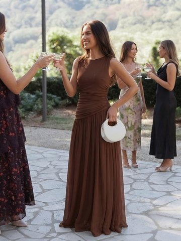 Brown Wedding Guest Dresses Mesh Ruched Round Neck A Line Sleeveless Formal Dress