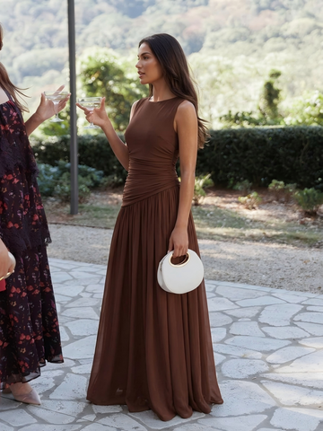 Brown Wedding Guest Dresses Mesh Ruched Round Neck A Line Sleeveless Formal Dress