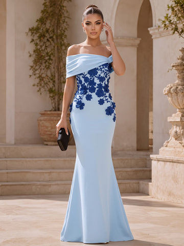 Off Shoulder 3D Floral Appliques Wedding Guest Dresses Light Blue Mermaid Long Formal Evening Gowns