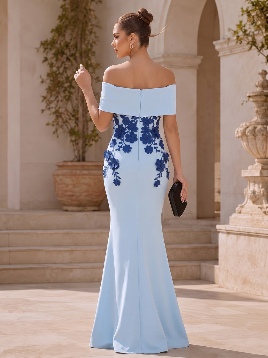 Off Shoulder 3D Floral Appliques Wedding Guest Dresses Light Blue Mermaid Long Formal Evening Gowns