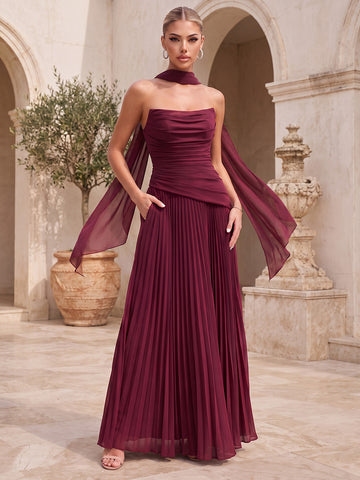 Pleated Wedding Guest Dresses Burgundy Strapless Chiffon  A Line Long Formal Evening Gowns with Scarf