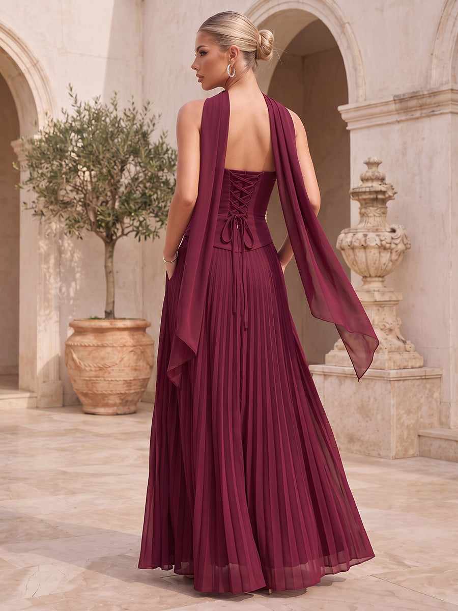 Pleated Wedding Guest Dresses Burgundy Strapless Chiffon  A Line Long Formal Evening Gowns with Scarf