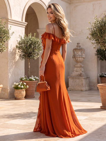 Burnt Orange Wedding Guest Dresses with Ruffles Chiffon  A Line Long Formal Evening Gowns