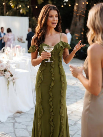 Burnt Orange Wedding Guest Dresses with Ruffles Chiffon  A Line Long Formal Evening Gowns