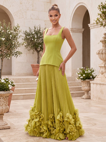 Square Neck Wedding Guest Dresses Sleeveless Pleated 3D Floral Hem Olive Green Mermaid Formal Evening Gowns