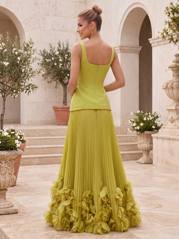 Square Neck Wedding Guest Dresses Sleeveless Pleated 3D Floral Hem Olive Green Mermaid Formal Evening Gowns