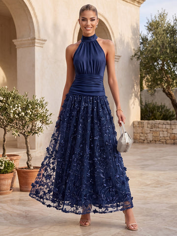Navy Blue Halter Neck Wedding Guest Dresses Bodice 3D Floral Tulle A Line Long Formal Evening Gowns