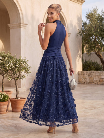Navy Blue Halter Neck Wedding Guest Dresses Bodice 3D Floral Tulle A Line Long Formal Evening Gowns