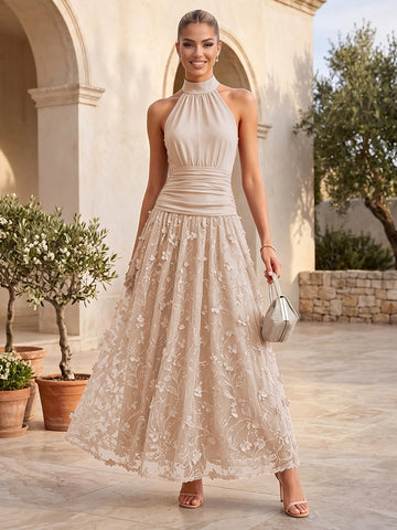 Navy Blue Halter Neck Wedding Guest Dresses Bodice 3D Floral Tulle A Line Long Formal Evening Gowns