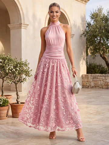 Navy Blue Halter Neck Wedding Guest Dresses Bodice 3D Floral Tulle A Line Long Formal Evening Gowns