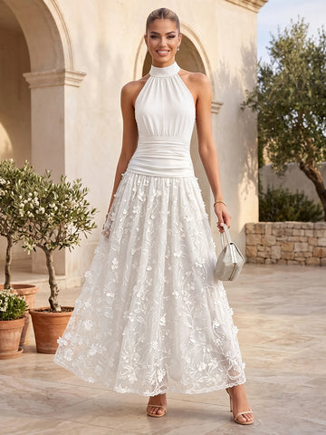 Navy Blue Halter Neck Wedding Guest Dresses Bodice 3D Floral Tulle A Line Long Formal Evening Gowns
