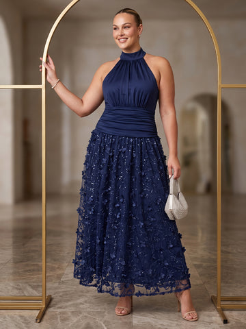 Navy Blue Halter Neck Wedding Guest Dresses Bodice 3D Floral Tulle A Line Long Formal Evening Gowns Plus Size