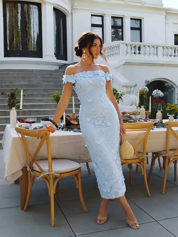 Light Blue Off Shoulder Wedding Guest Dresses 3D Floral Lace Midi Bodycon Formal Party Gowns