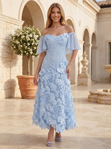 Light Blue Off Shoulder Wedding Guest Dresses A Line 3D Floral Lace Midi Formal Party Gowns with Sleeves