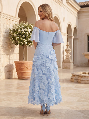 Light Blue Off Shoulder Wedding Guest Dresses A Line 3D Floral Lace Midi Formal Party Gowns with Sleeves